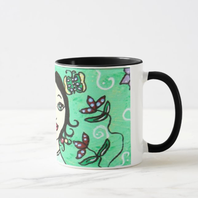 Caneca Dama Caprichosa com Fundo Floral Bonito (Direita)