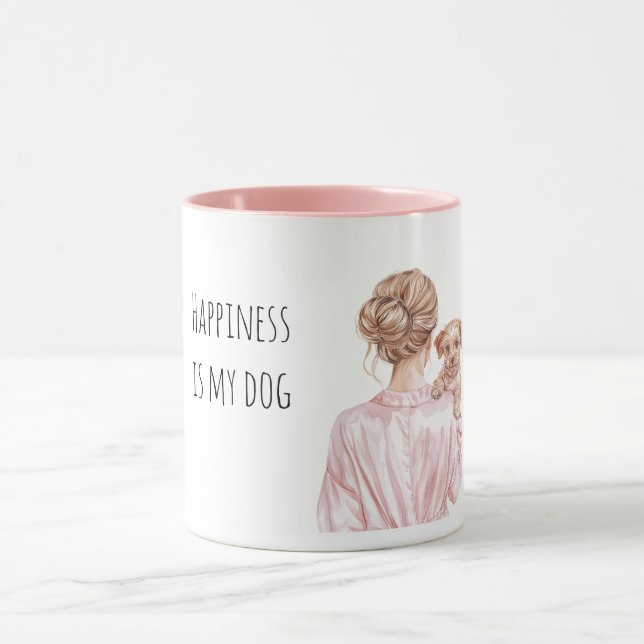 Caneca Dama de Cabelo Loiro Segurando Cachorro   (Centro)
