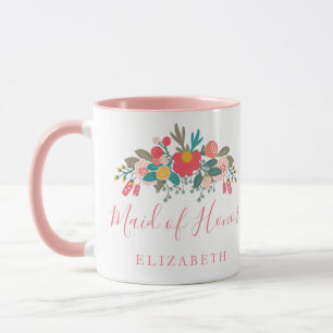 Caneca Dama de Honra com Nome Buquê Floral Rosa