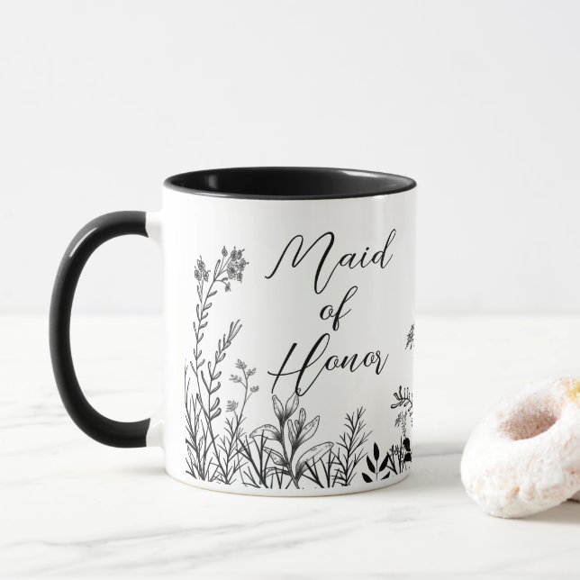 Caneca Dama de Honra Flores Selvagens Preto e Branco   (Com Donut)