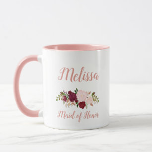 Caneca Dama de Honra Rosa Marsala Floral Casamento