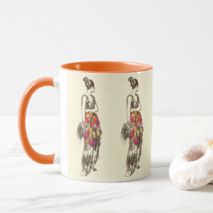 Caneca Dama Vintage da Moda com um Vestido de Primavera