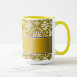 Caneca Damasco amarelo do monograma e branco dourado
