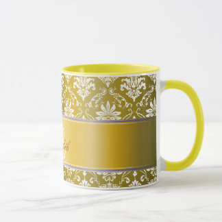 Caneca Damasco amarelo do monograma e branco dourado