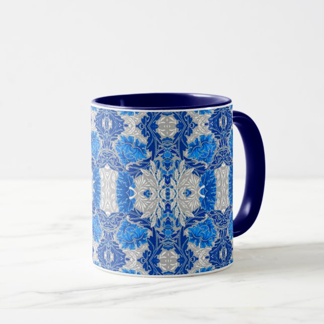 Caneca Damasco Floral, Azul Sapphire e Cinzas (Frente Esquerda)
