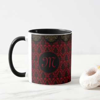 Caneca Damasco preto vermelho com borda dourada