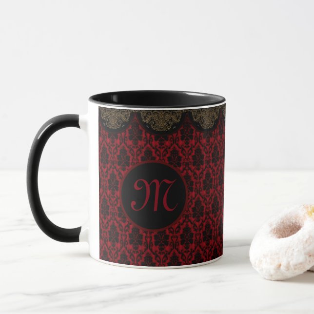 Caneca Damasco preto vermelho com borda dourada (Com Donut)