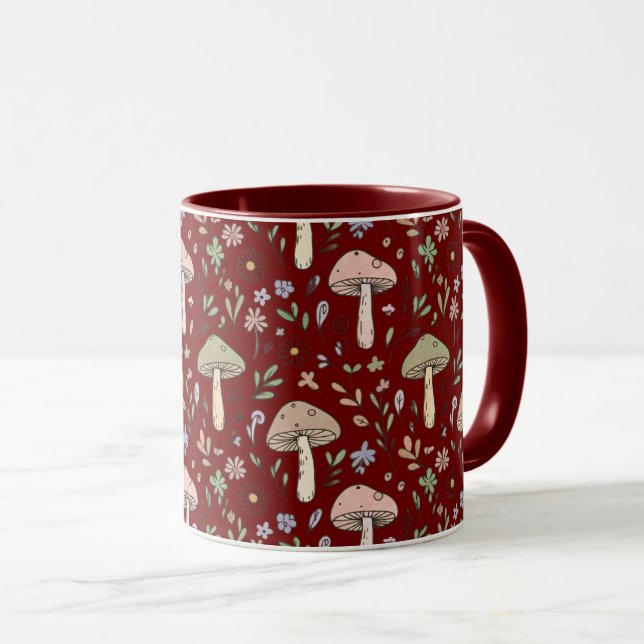 Caneca Dark Academia Plum Red Fungi Seamless Luxury (Frente Esquerda)