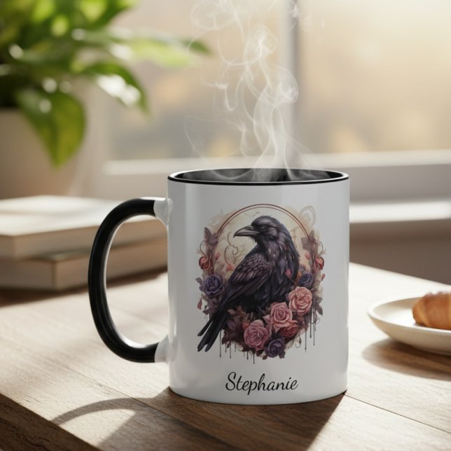 Caneca Dark Academia Raven Gothic Floral (Black raven with roses coffee mug
)