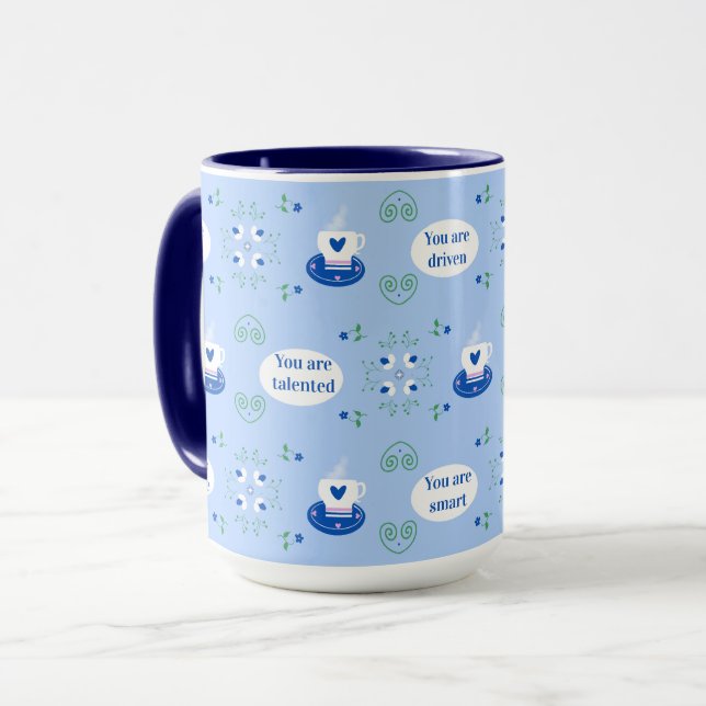 Caneca de Afirmações de Xícara de Café Azul  (Frente Esquerda)