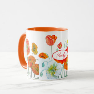 Caneca de água com padrão de flor de papoula verme