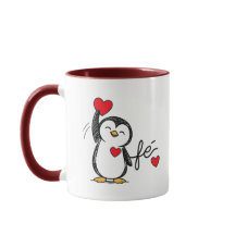 Caneca de Amor com Pinguim Preto Fofo e Corações V