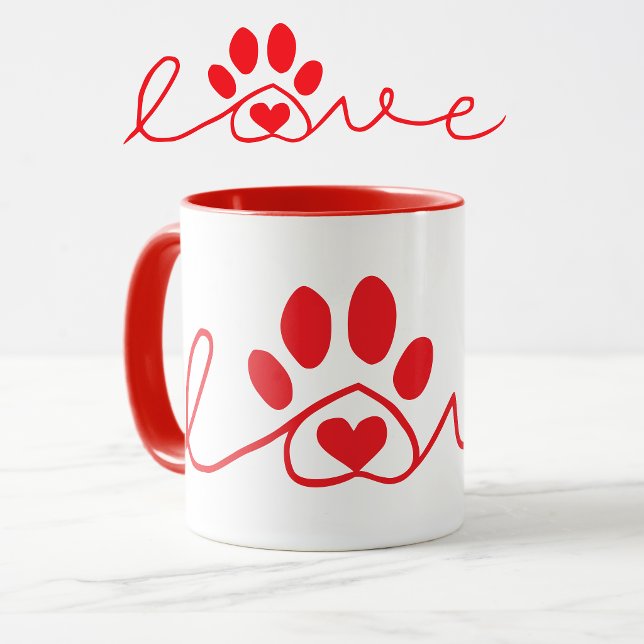 Caneca de Amor de Cachorro Vermelho e Branco (Dog love with paw print mug in red and white.)
