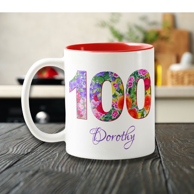 Caneca de aniversário 100 anos nome floral caneca  (Criador carregado)