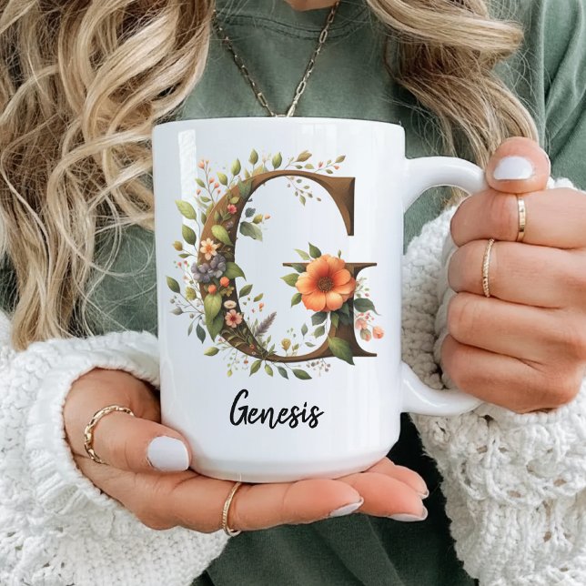 Caneca de Aniversário Personalizada com Flores Sel (custom name gift, flower monogram mug, wildflower initial mug, personalized floral gift for women,)