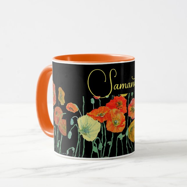 Caneca de Aquarela com Papoulas Laranja e Preta (Frente Esquerda)