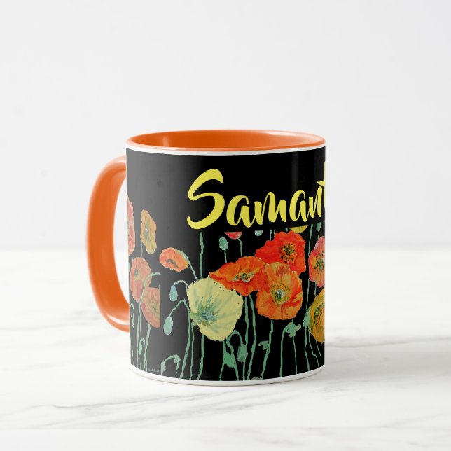 Caneca de Aquarela com Papoulas Laranja e Preta (Frente Esquerda)