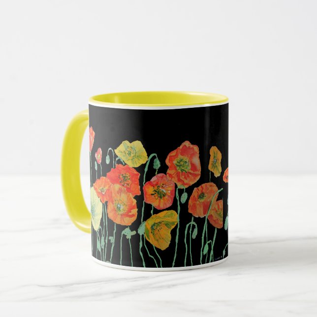 Caneca de Aquarela com Papoulas Laranja e Preta (Frente Esquerda)