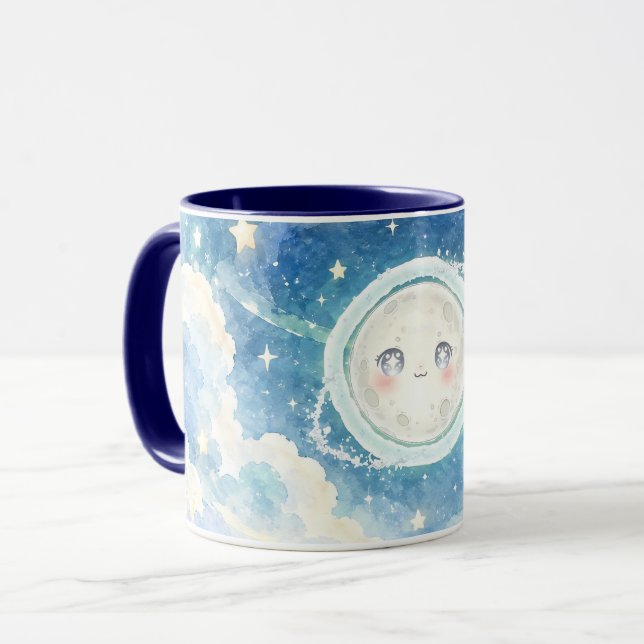 Caneca de Aquarela Lua Fofa no Céu Estrelado (Frente Esquerda)