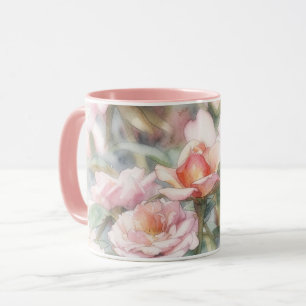 Caneca de Arte com Aquarela Pastel de Rosas Rosada