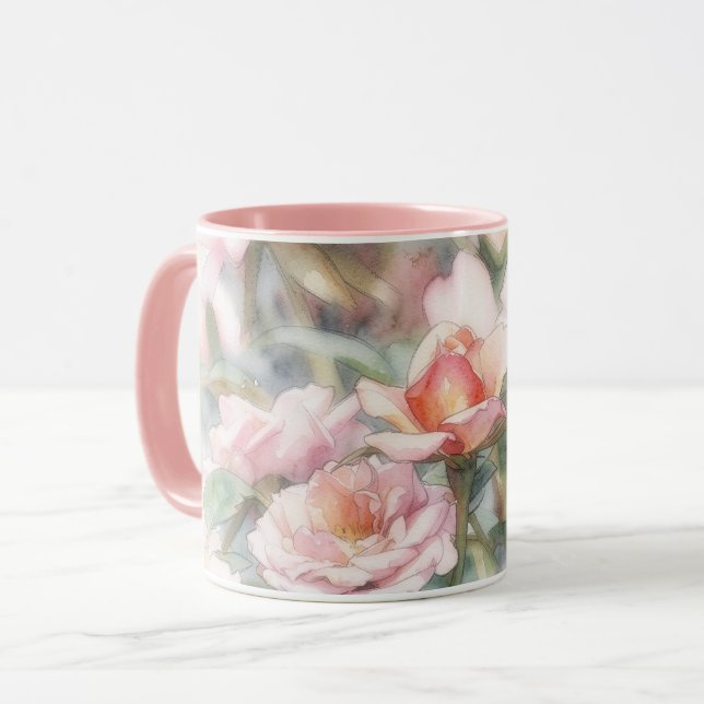 Caneca de Arte com Aquarela Pastel de Rosas Rosada (Frente Esquerda)