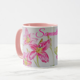 Caneca de Arte de Açucena Flor de Lírio Rosa em Aq