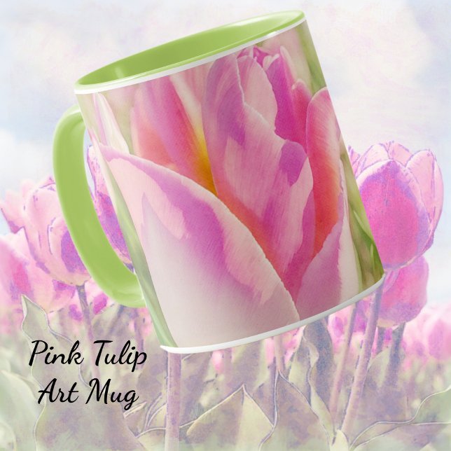 Caneca de Arte de Jardim de Tulipas Rosa (Pretty in pink tulip flower art mug.)