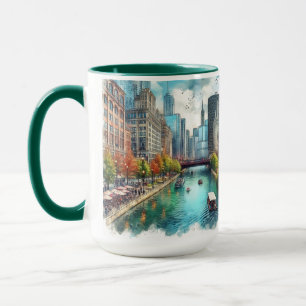 Caneca de arte em aquarela da Chicago Riverwalk AI