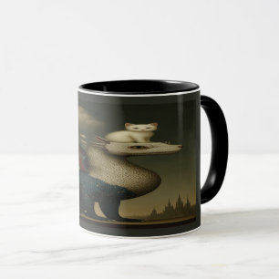 Caneca de Arte Surrealista Dragão Cósmico e Gatinh