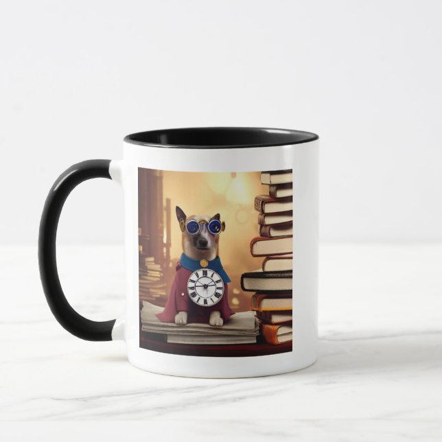 Caneca de cachorro super-herói Steampunk de IA (Esquerda)