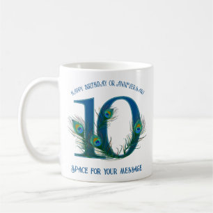 Caneca De Café 10º Aniversário Pena de Pavão Personalizável