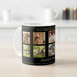 Caneca De Café 10 Family Photo Collage Elegant Black and Gold Mug