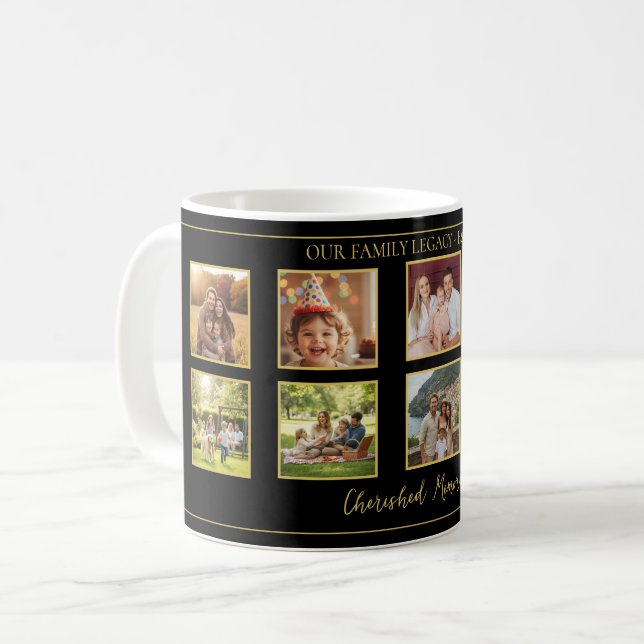 Caneca De Café 10 Family Photo Collage Elegant Black and Gold Mug (Frente Esquerda)