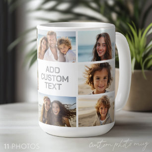 Caneca De Café 11 Colagem de Fotos - Cinza e Branco com Texto
