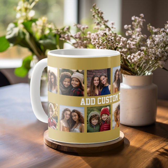 Caneca De Café 12 Colagem de Fotos com Dourado Fundo (Photo mug with personalized text - makes a great gift!)