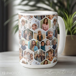 Caneca De Café 12 Colagem de Fotos - padrão de hexágono divertido