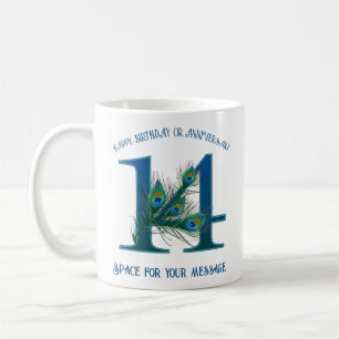 Caneca De Café 14º Aniversário Pena de Pavão Personalizável