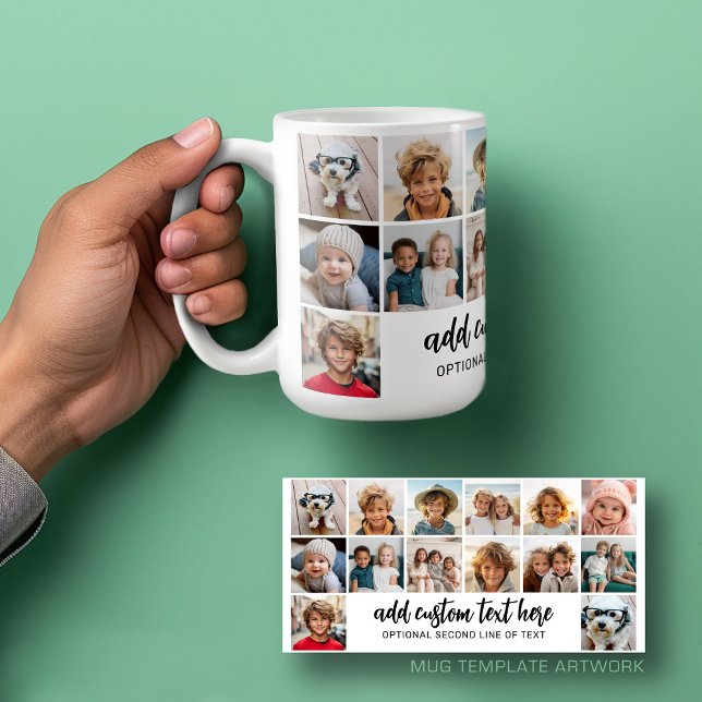 Caneca De Café 14 Grade de Colagem de Fotos - 2 Caixas de Texto - (Personalized mug template with a funky 14 photo collage and custom text)