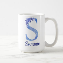 Caneca De Café 15 oz Personalizado com Monograma Azul e Floral Ag