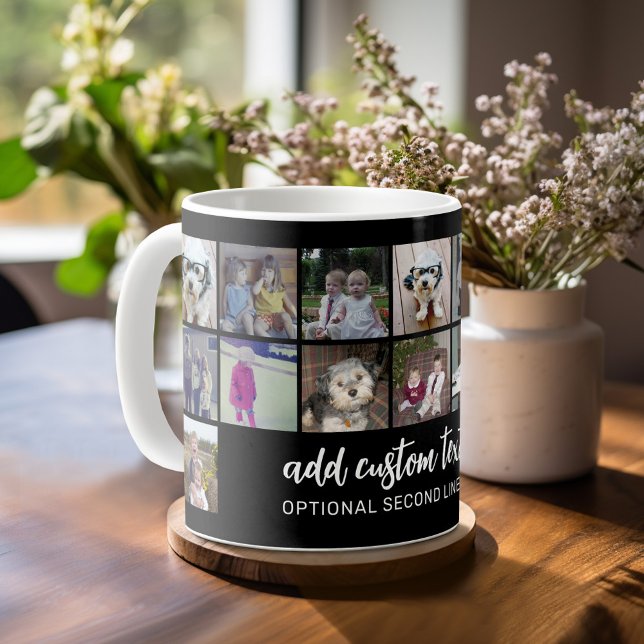 Caneca De Café 16 Grade de Colagem de Fotos - 2 Caixas de Texto - (Mug template with a place for photos and custom text)