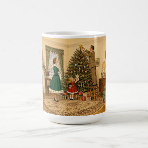 Caneca De Café 1950 Família Decorando a Árvore de Natal Feliz Nat
