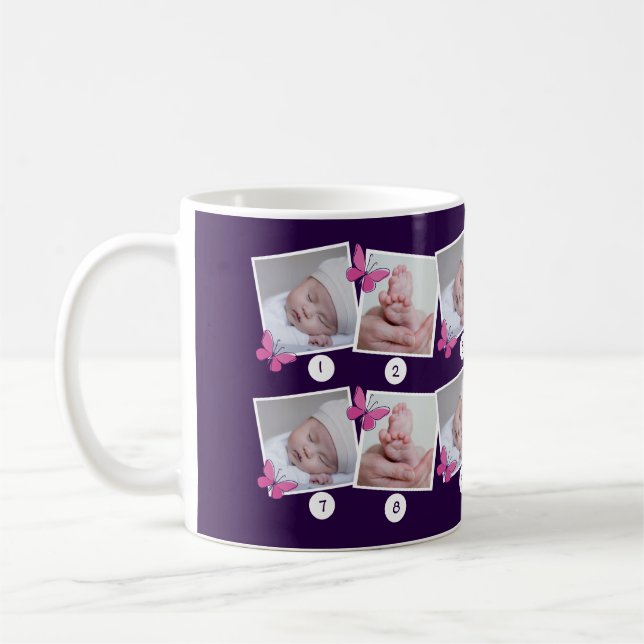 Caneca De Café 1 Ano De Bebê Foto Colagem Rosa Borboletas Rosa Pú (Esquerda)