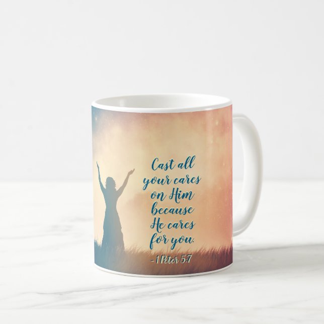Caneca De Café 1 Peter 5:7 Cuide de suas preocupações com ele, Es (Frente Esquerda)