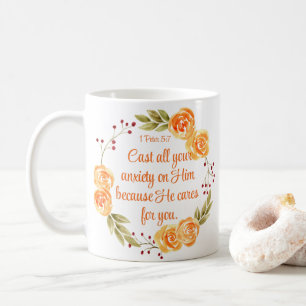 Caneca De Café 1 Peter 5:7 Escritura de Bíblia Floral Laranja