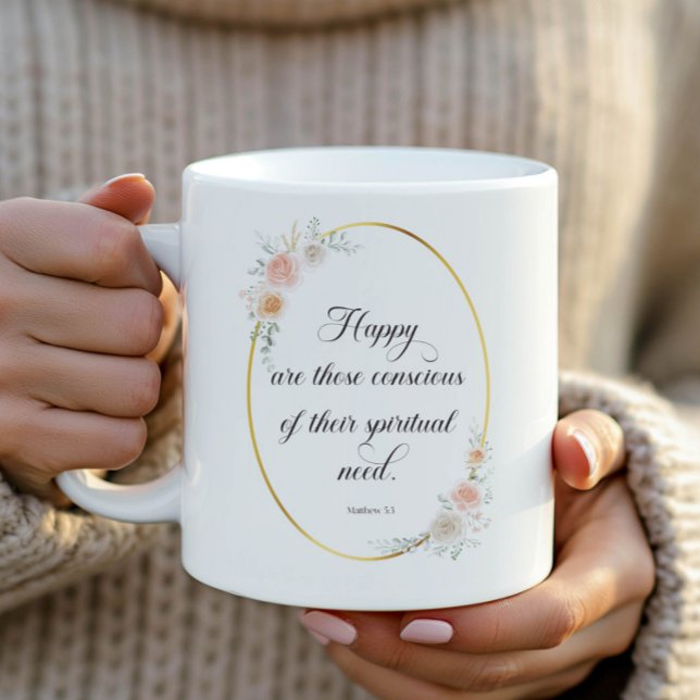 Caneca De Café 2026 JW Year Texto Matthew 5:3 com Rosas (Criador carregado)