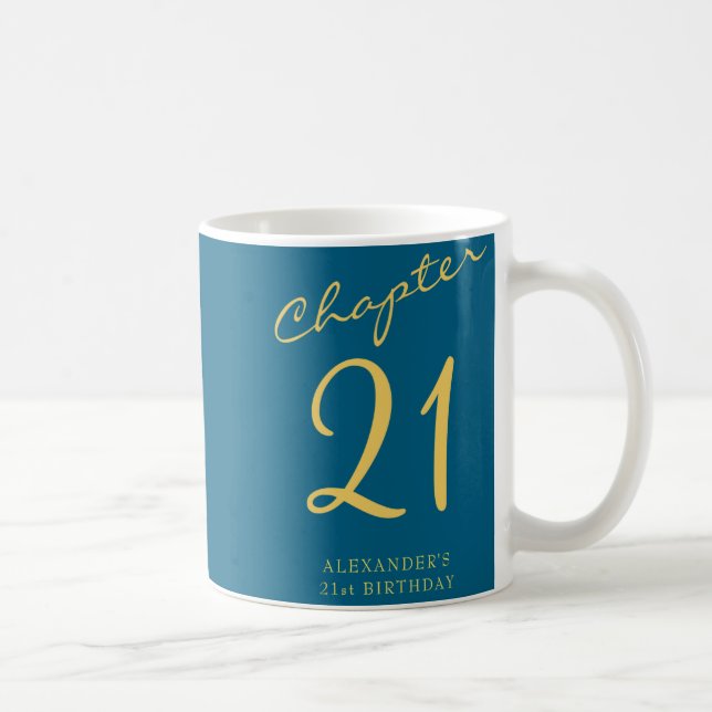 Caneca De Café 21st Birthday Party Gold Script Blue  (Direita)