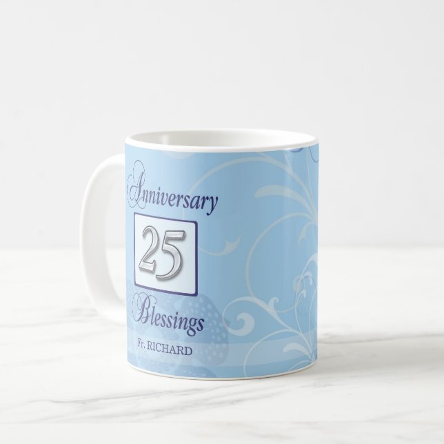 Caneca De Café 25º Aniversário em Azul e Prata (Frente Esquerda)