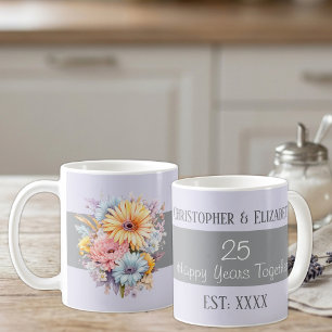 Caneca De Café 25 prata aniversário flores nomes roxos