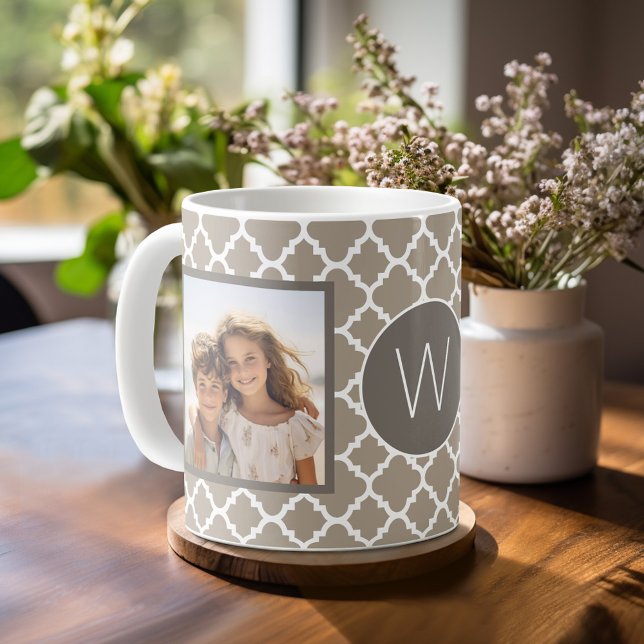 Caneca De Café 2 Colagem de Fotografias - Taupe Quatrefoil e Mono (Mug template with 2 photos and a Monogram)
