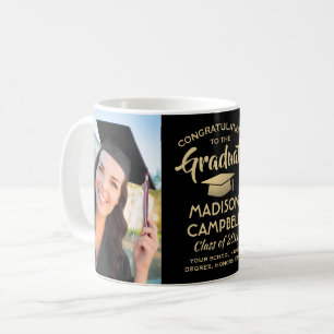 Caneca De Café 2 Fotos Formatura Parabéns Elegante Preto e Dourad